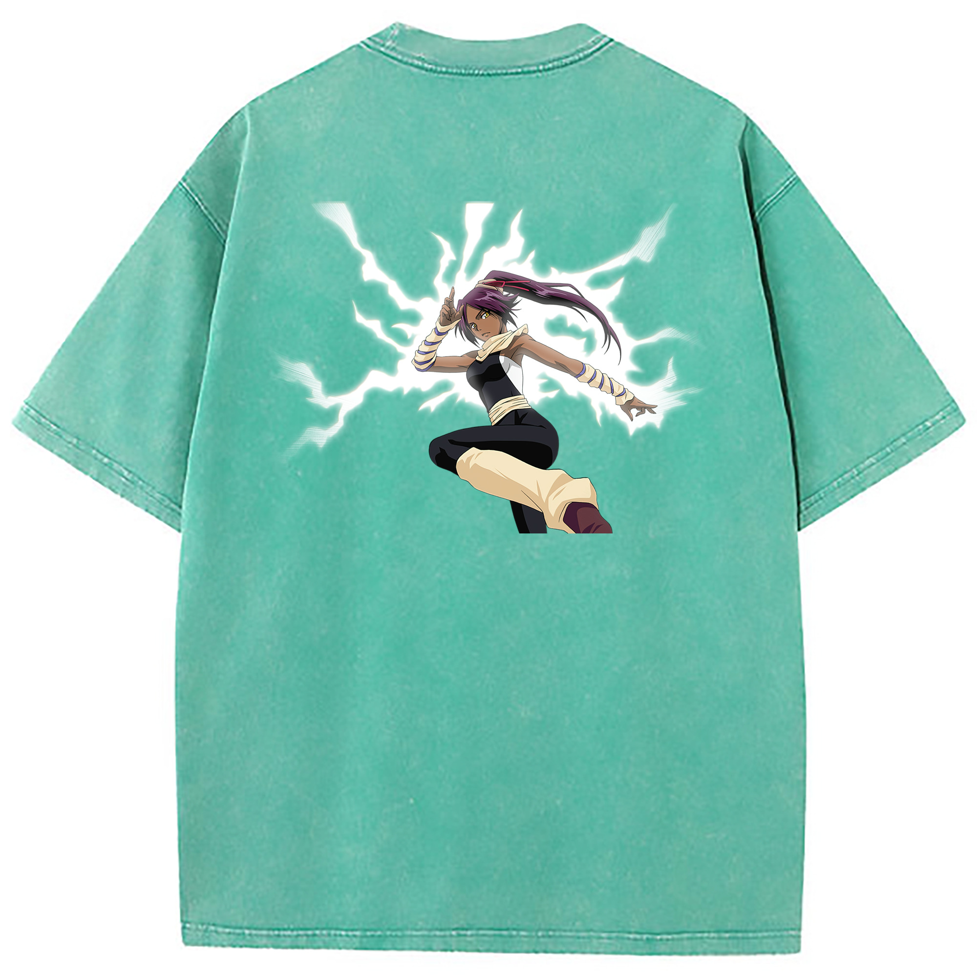 （画像用） ブリーチ 四楓院 夜一（しほういん よるいち） BLEACH Shihouin Yoruichi 綿100% ヴィンテージ風 半袖Tシャツ（背面プリント）